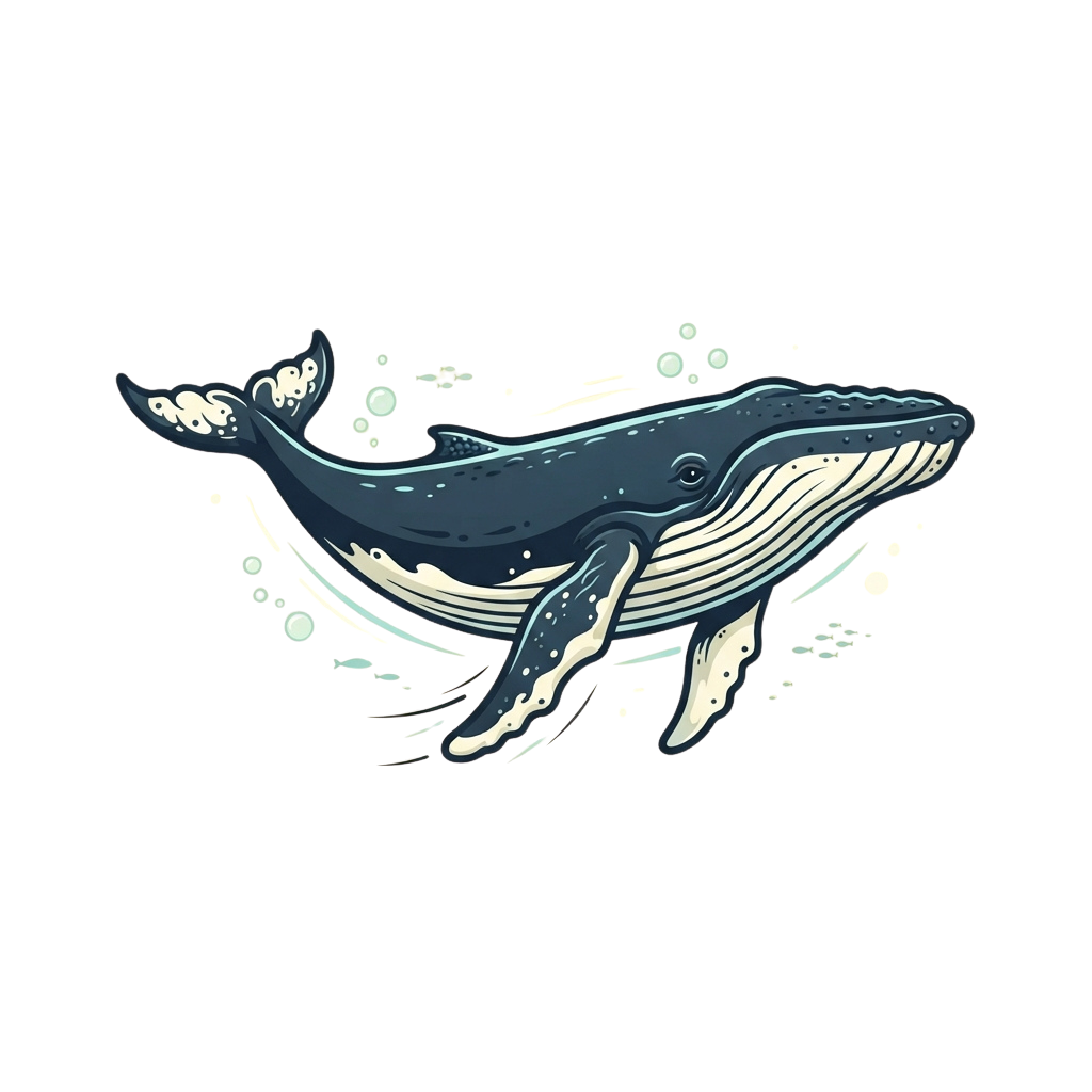 A stylized illustration of a humpback whale swimming with bubbles around it
