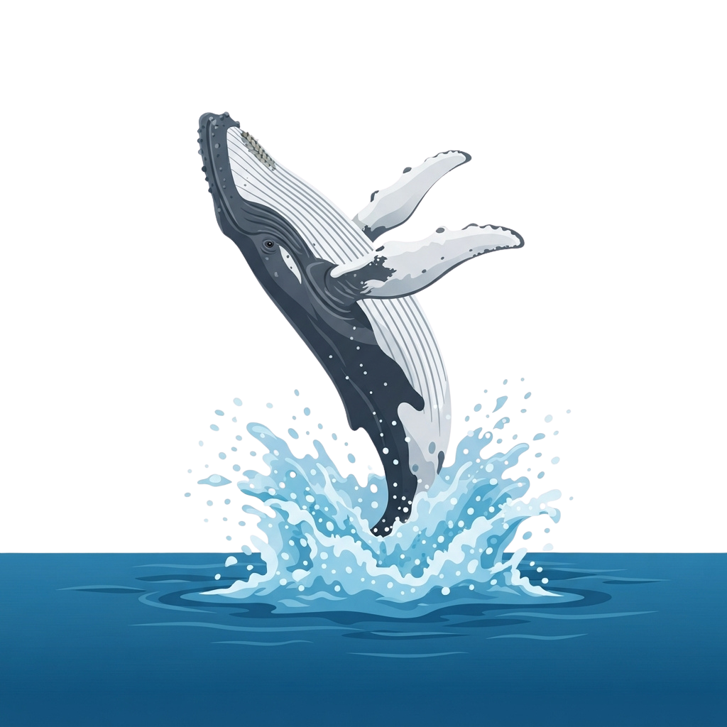 A stylized illustration of a whale breaching out of the ocean with water splashing around it
