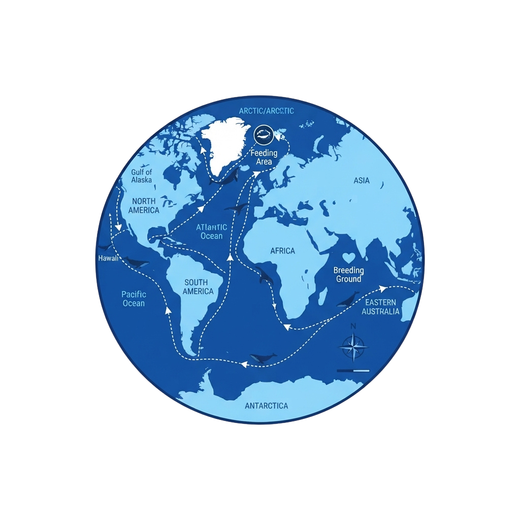 World map showing migration routes of an Arctic species from feeding areas near Greenland to breeding grounds in Eastern Australia