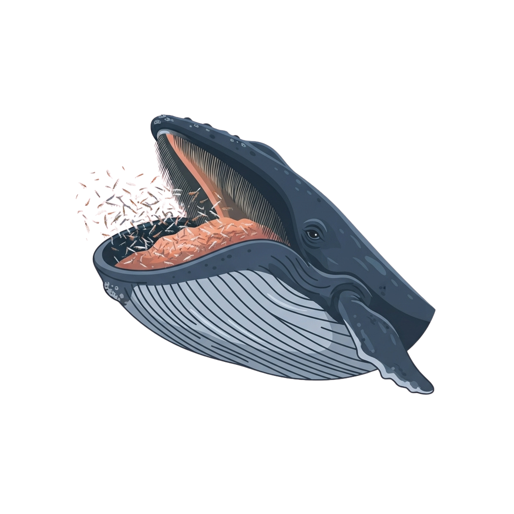 Illustration of a whale with its mouth open showing krill inside