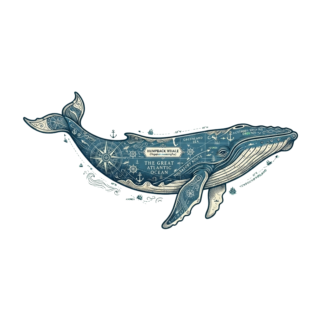 Illustration of a humpback whale with a nautical map design on its body, labeled Great Atlantic Ocean