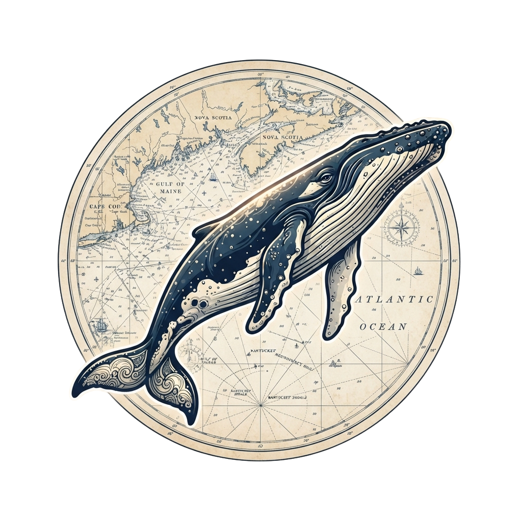 A humpback whale silhouette overlaid on an antique-style map of the Atlantic Ocean and coastal regions.