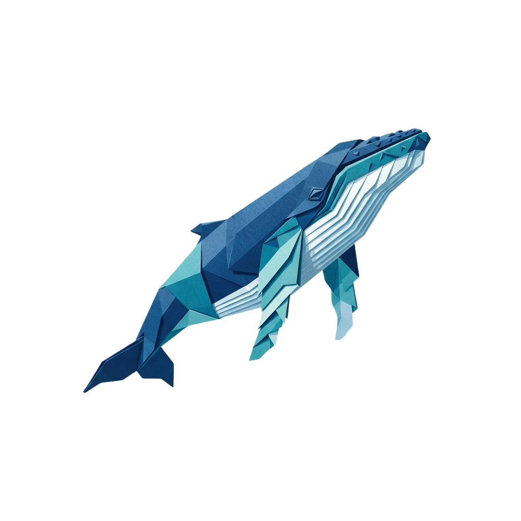 A stylized geometric blue whale with polygonal shapes in shades of blue and white