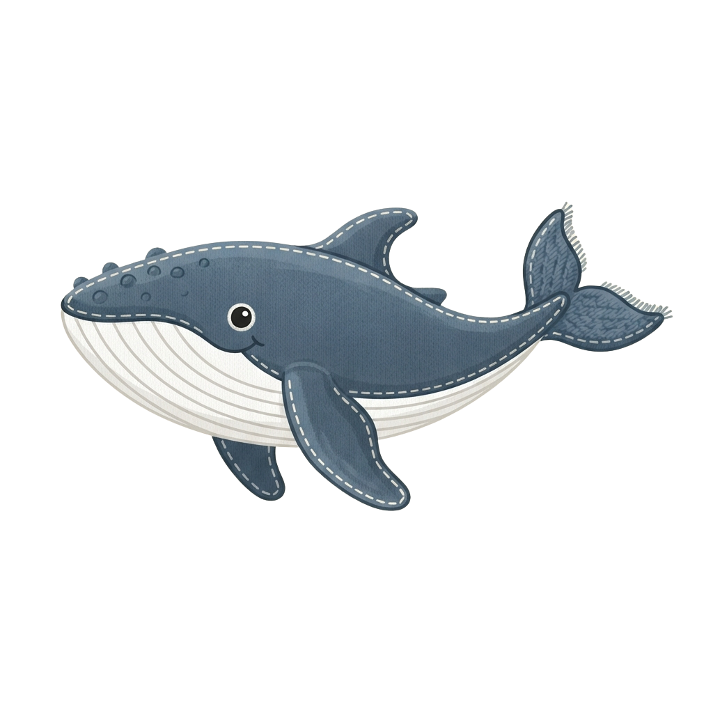 A stylized cartoon whale with a white underbelly and blue back swimming in a black background