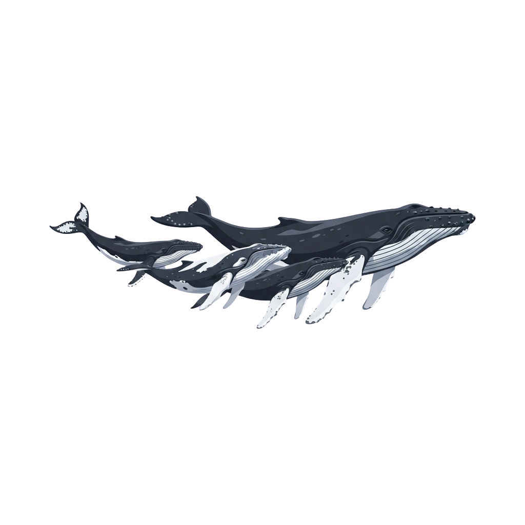 Illustration of a mother humpback whale and her calf swimming underwater