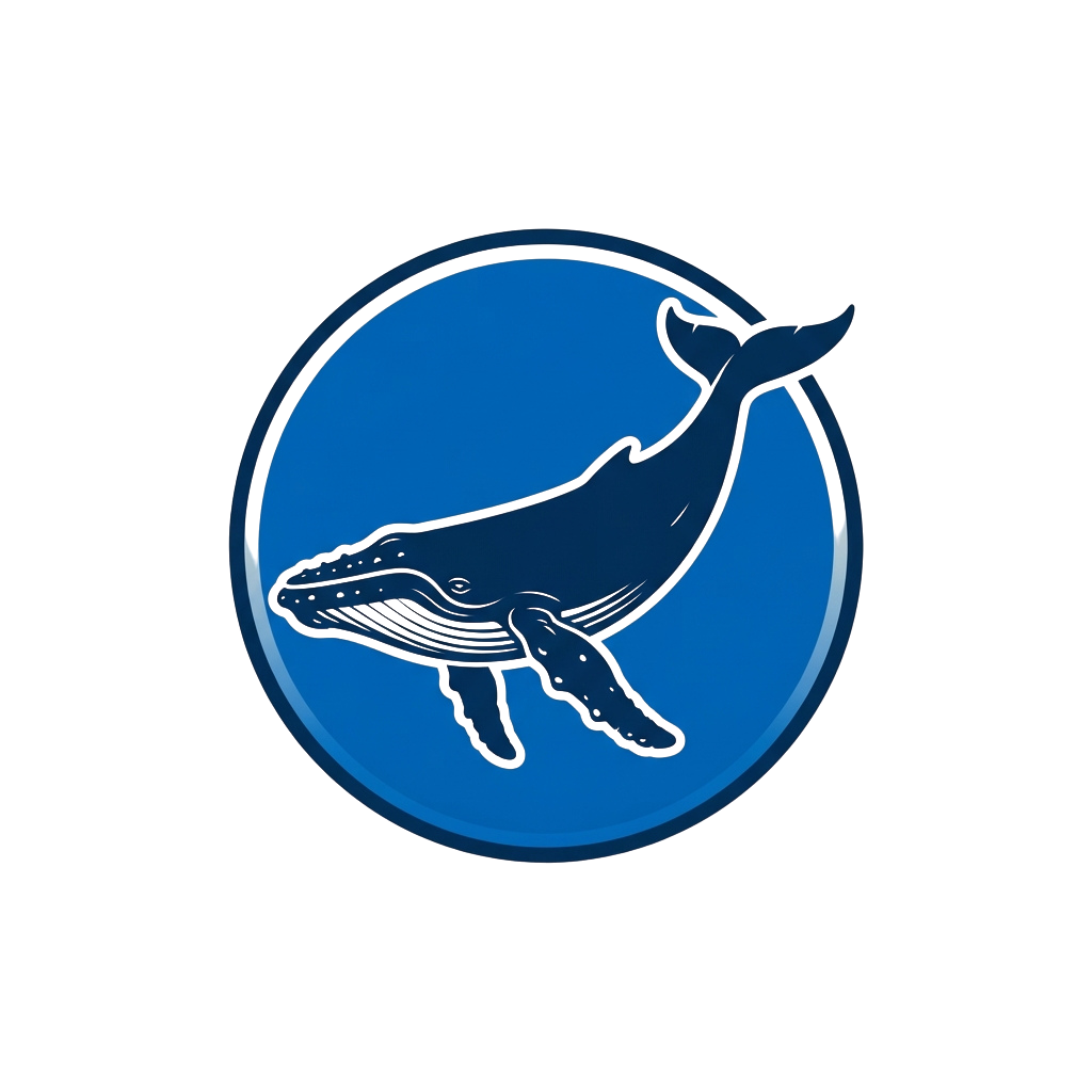 A stylized illustration of a whale inside a blue circular frame