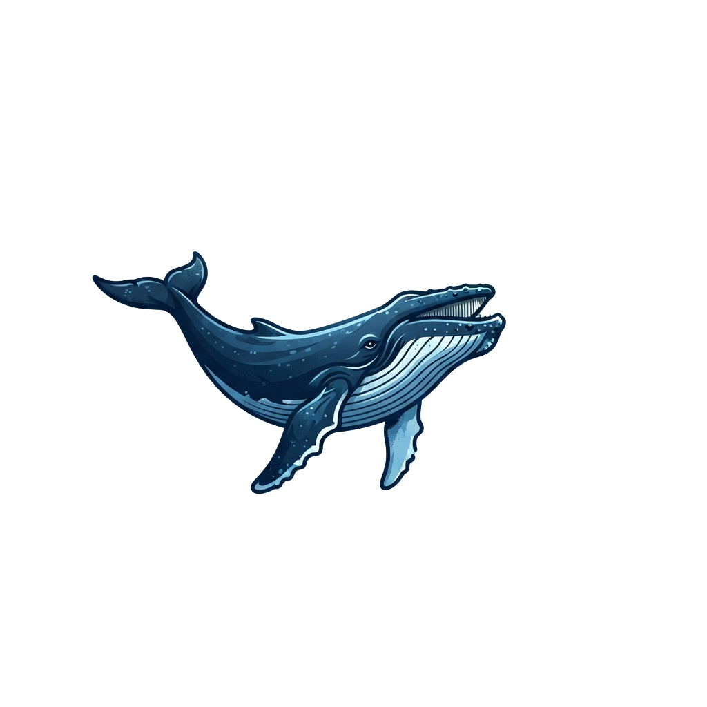 A stylized blue whale swimming in a dark background with a dotted pattern on its skin