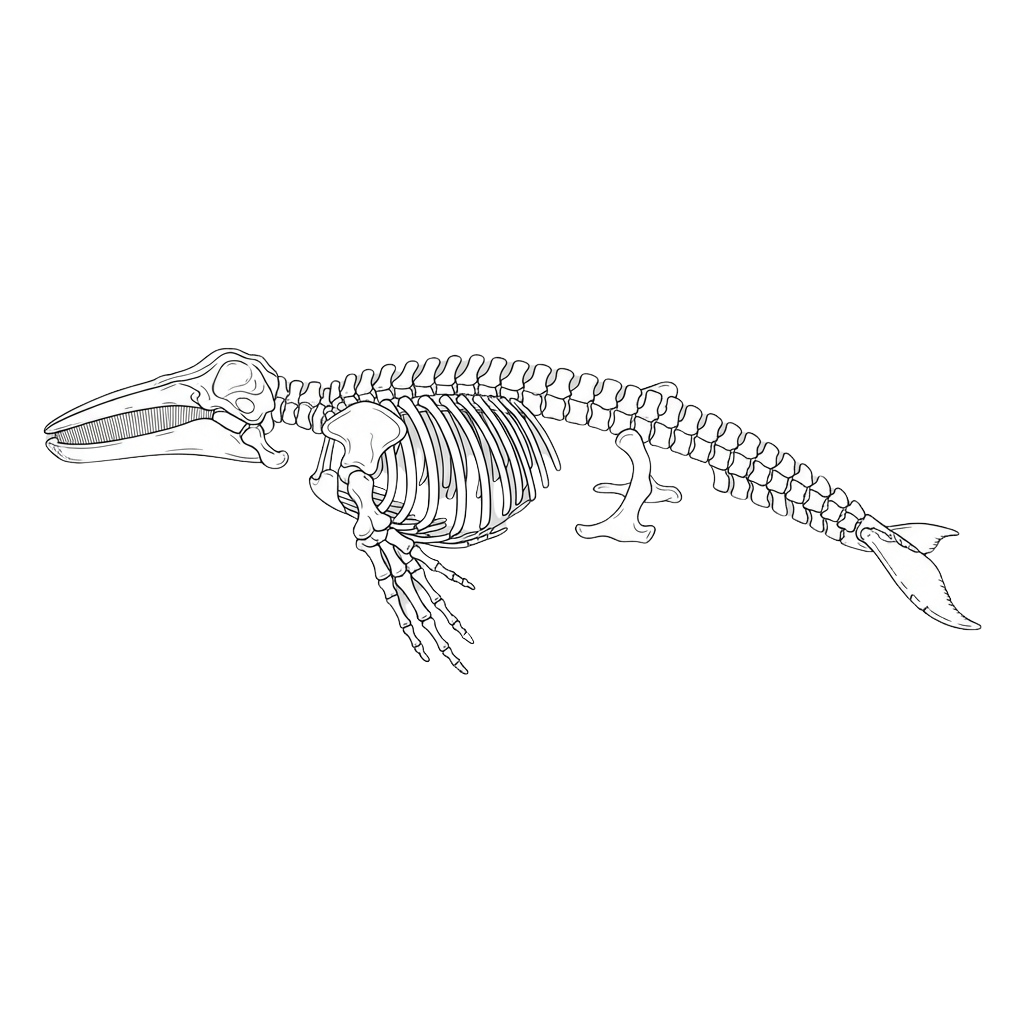 Black and white illustration of an ichthyosaur skeleton on a dark background