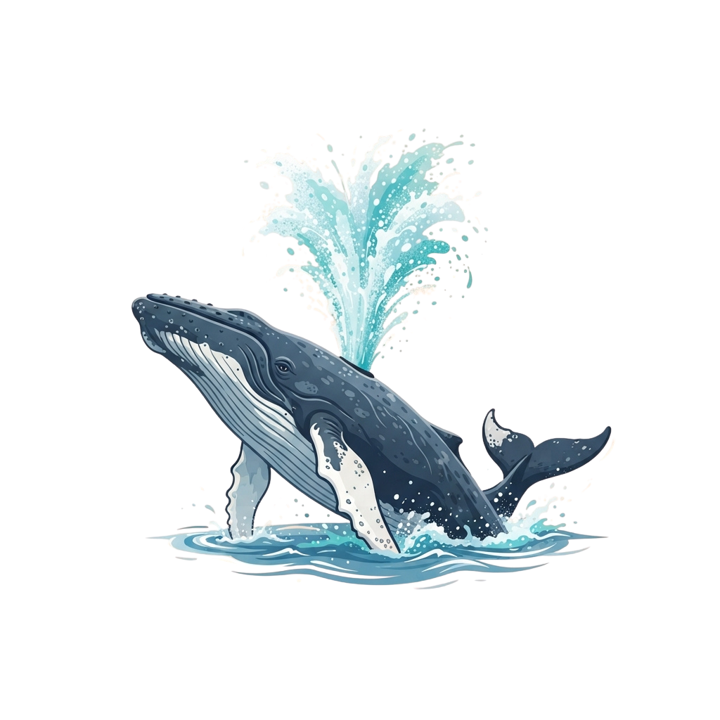 A whale breaching out of the water with a splash of water droplets around it