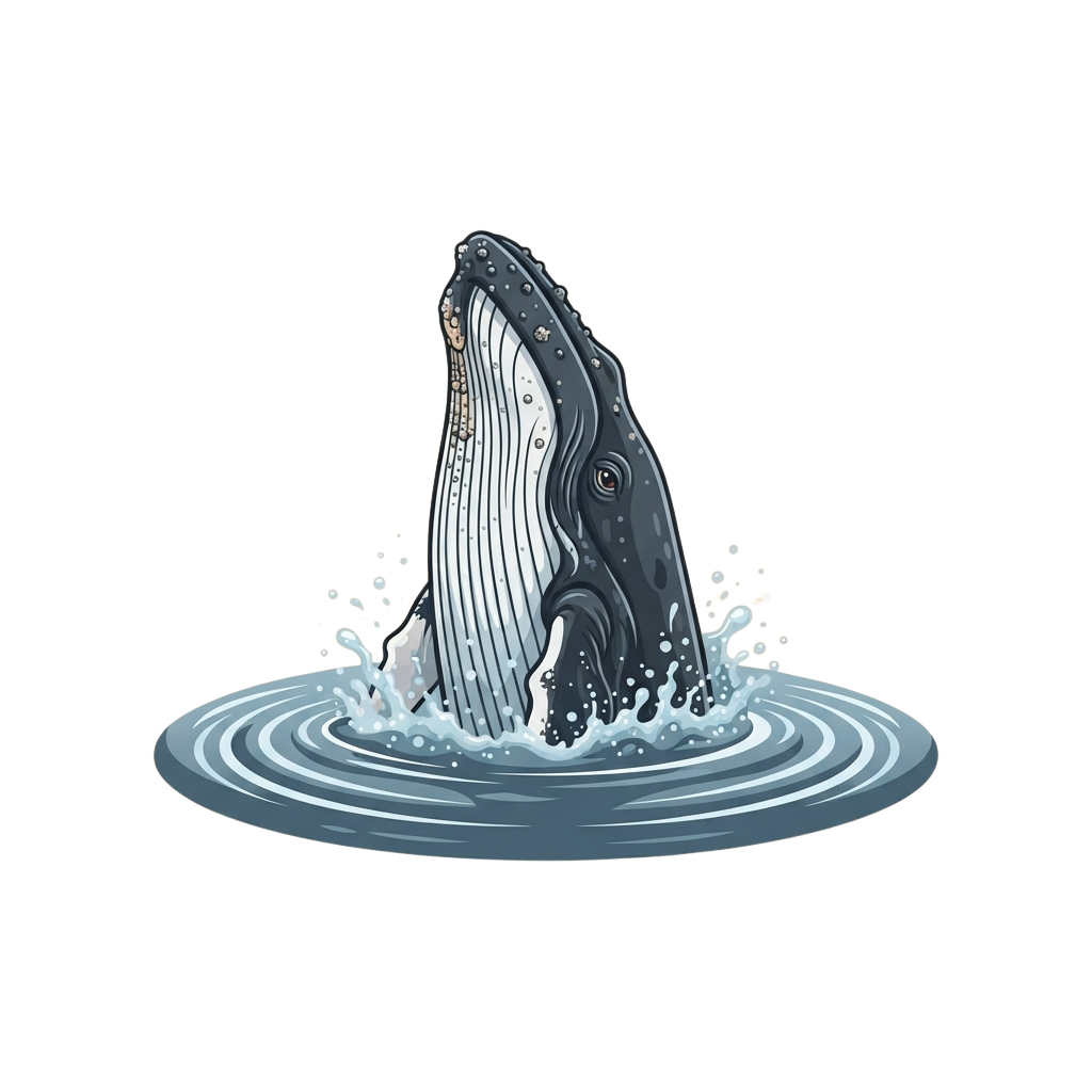 A digital illustration of a whale breaching with water splashing around it