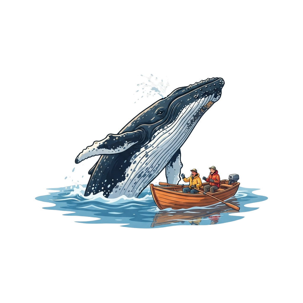 A whale breaching near a small wooden boat with two people inside, splashing water around them