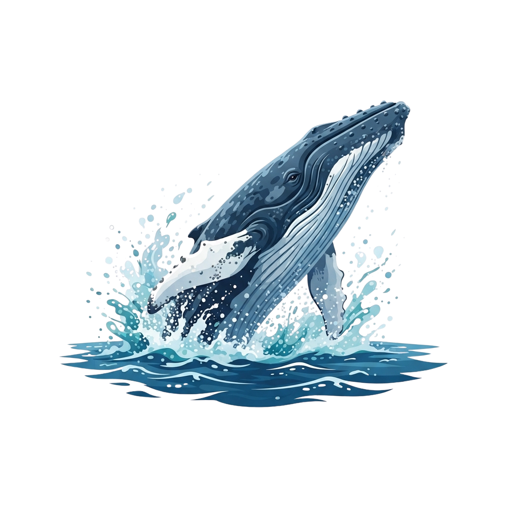 A stylized illustration of a humpback whale breaching out of the ocean with splashing water around it