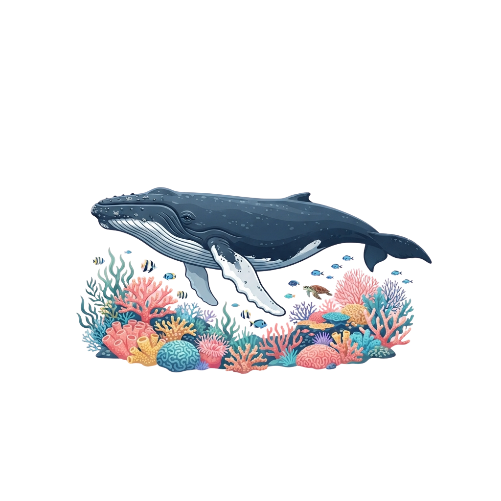 Illustration of a humpback whale mother and calf swimming over colorful coral reefs