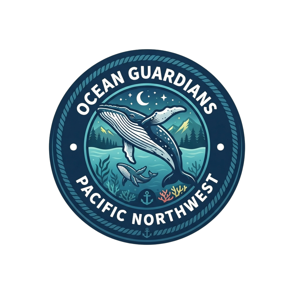 Circular badge showing two whales and marine life with text Ocean Guardians Pacific Northwest