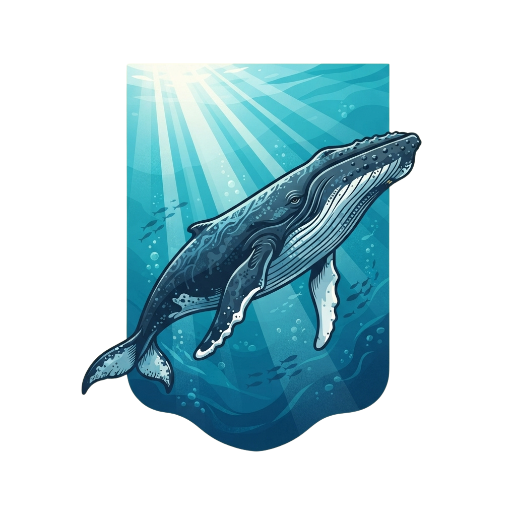 A humpback whale swimming underwater with sunlight rays shining through the water