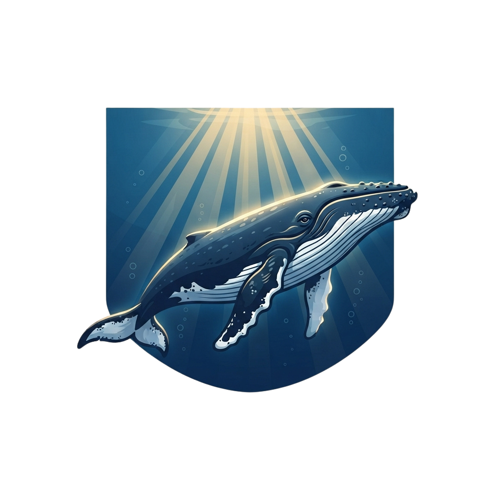 A whale swimming upward toward sunlight in a deep blue ocean with rays of light shining down.