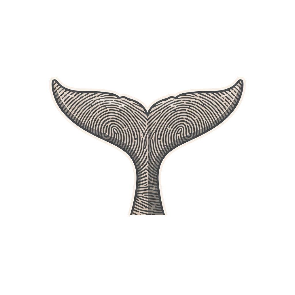 A stylized whale tail made of fingerprint patterns on a black background