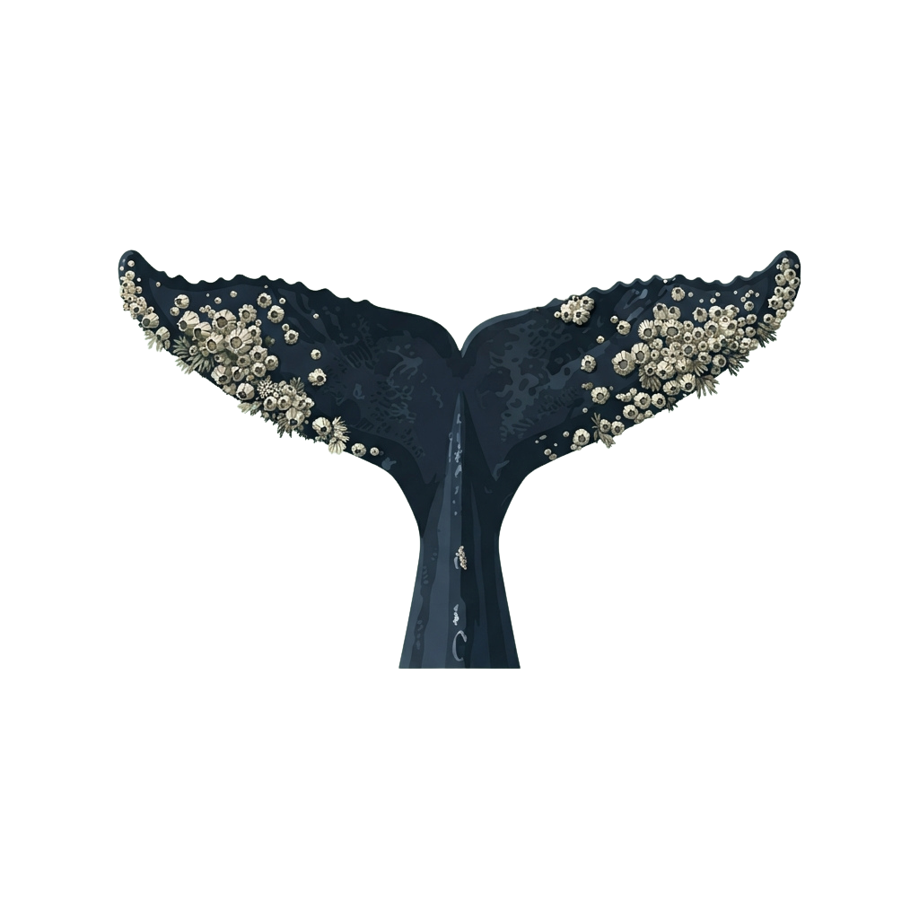 Illustration of a whale tail fluke covered with barnacles against a black background