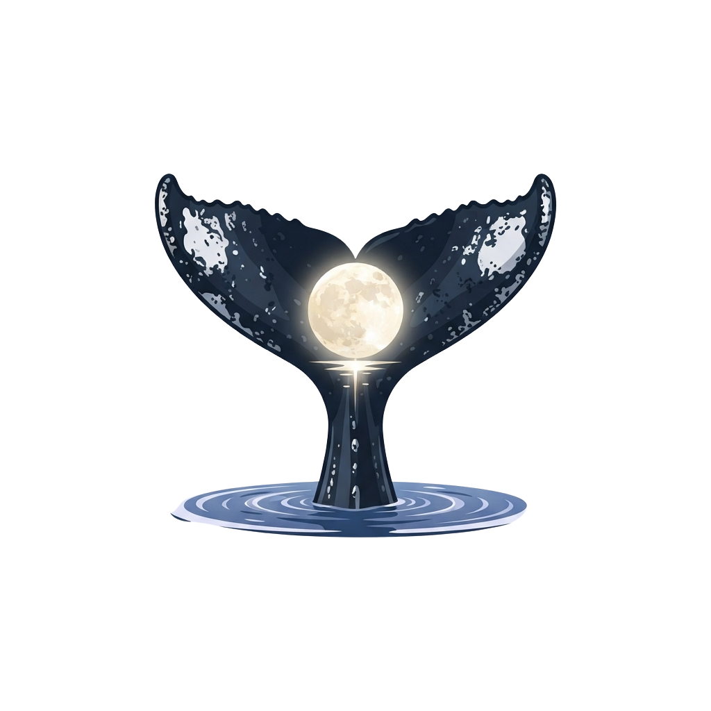 A whale tail with a glowing full moon between its flukes emerging from water.
