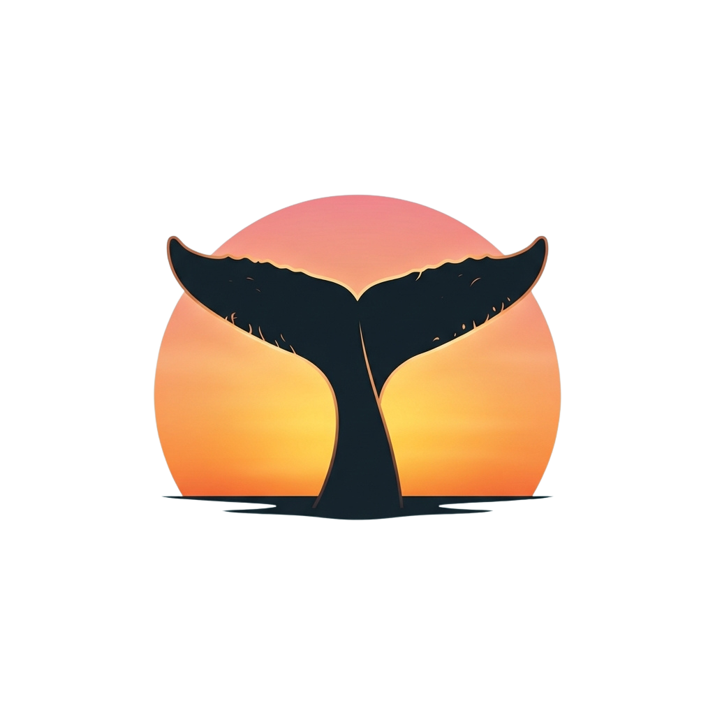 Whale tail emerging from a glowing orange sunset over water