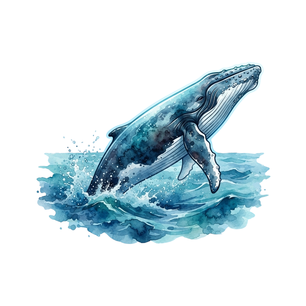 A humpback whale breaching with water splashing around it, illustrated in watercolor style.
