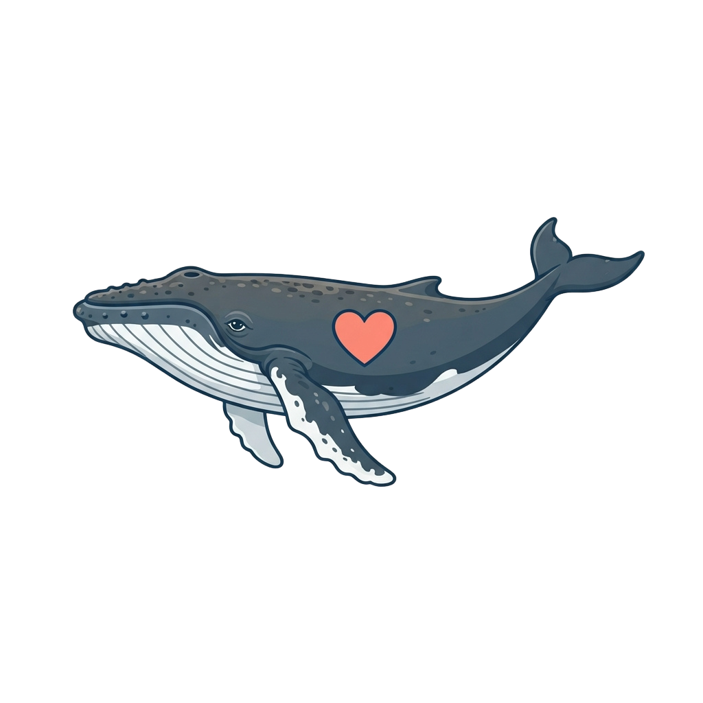 A stylized whale illustration featuring a pink heart on its side against a black background