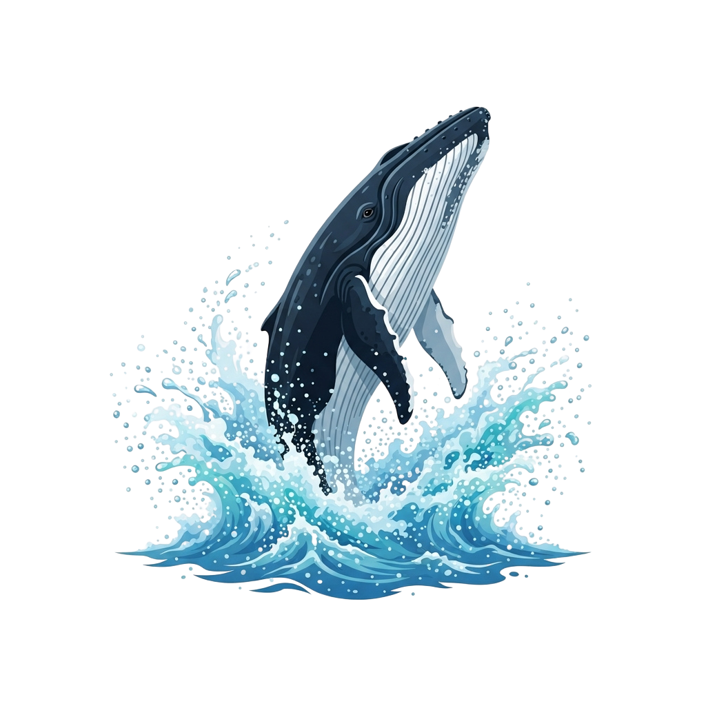 A whale leaping out of the water surrounded by splashing waves and droplets