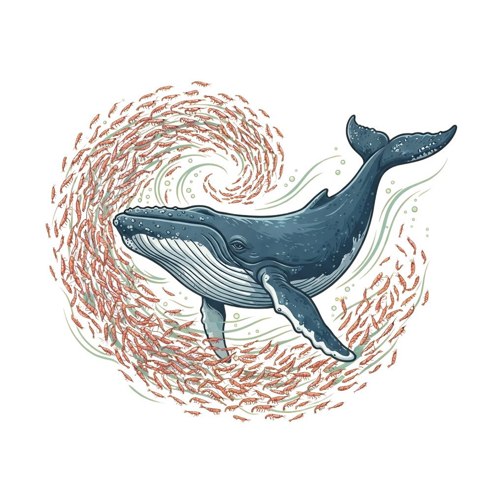 Illustration of a whale inside a circular swirl of water and bubbles on a dark background