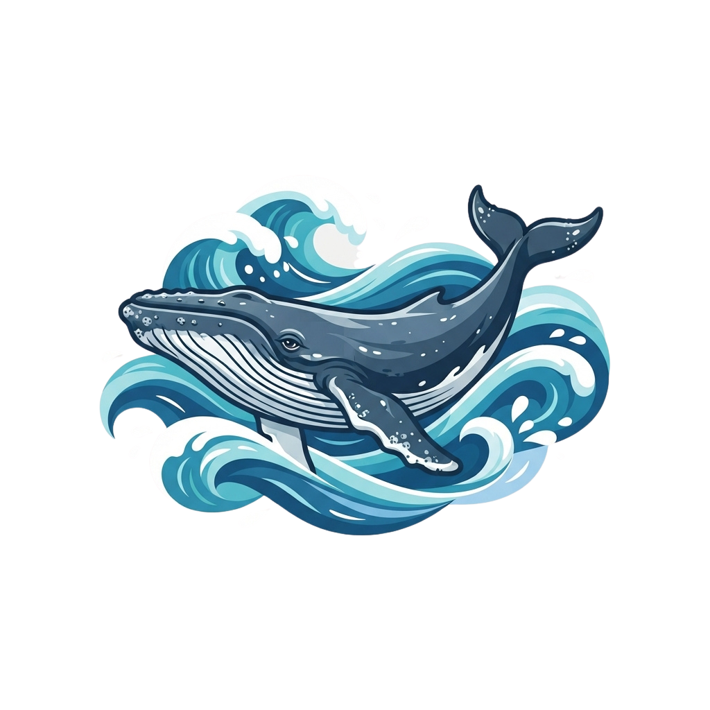 A stylized illustration of a whale emerging from blue ocean waves with splashes around it