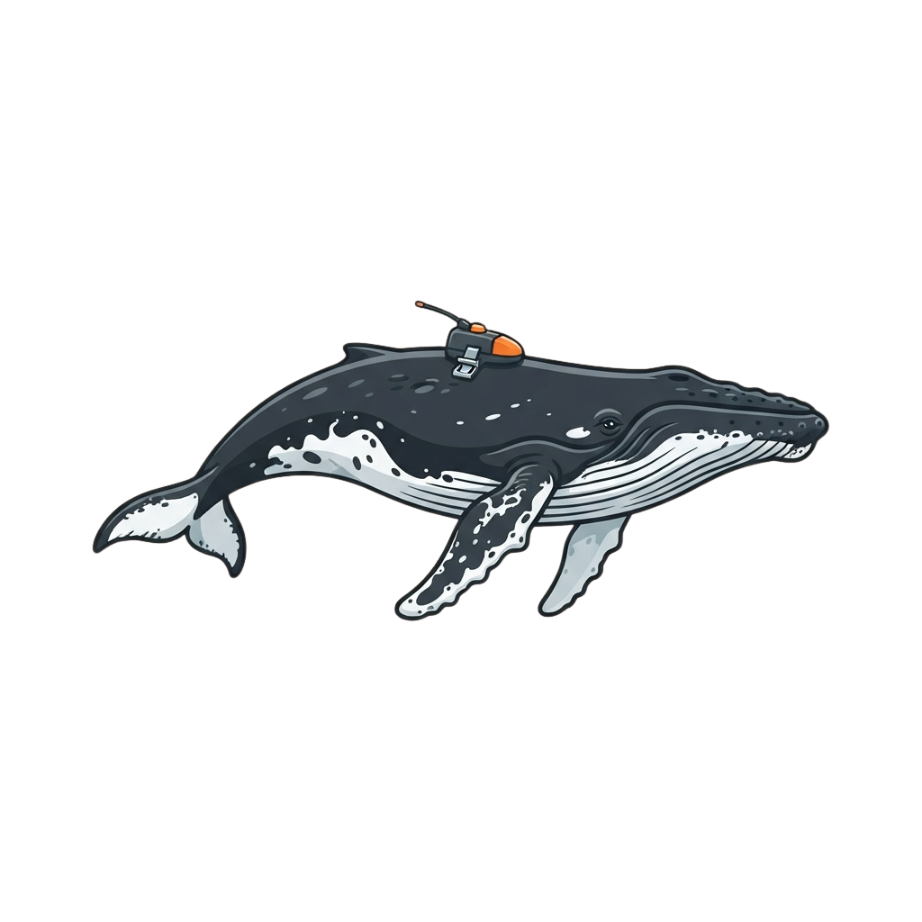 Illustration of a humpback whale swimming with a tracking device attached to its back