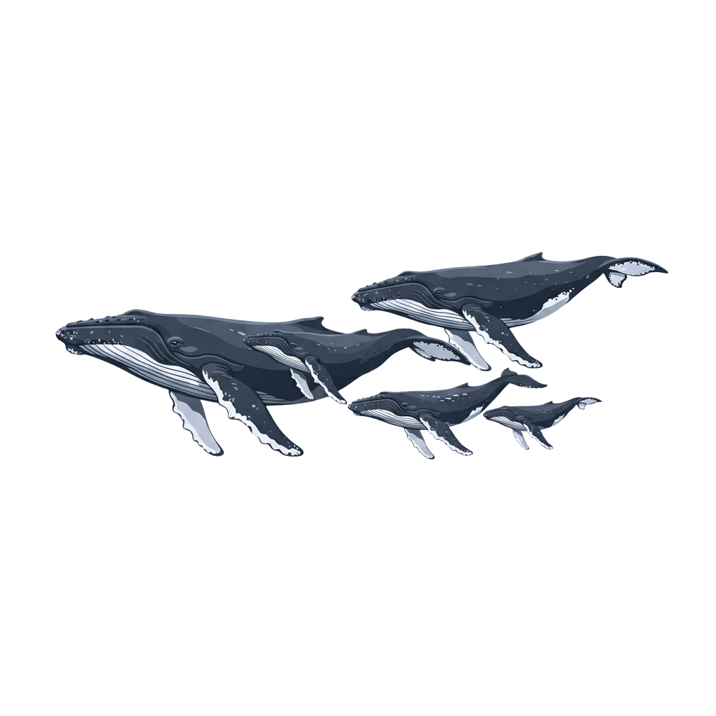 Three humpback whales swimming together in a line, illustrated in a stylized pixel art style