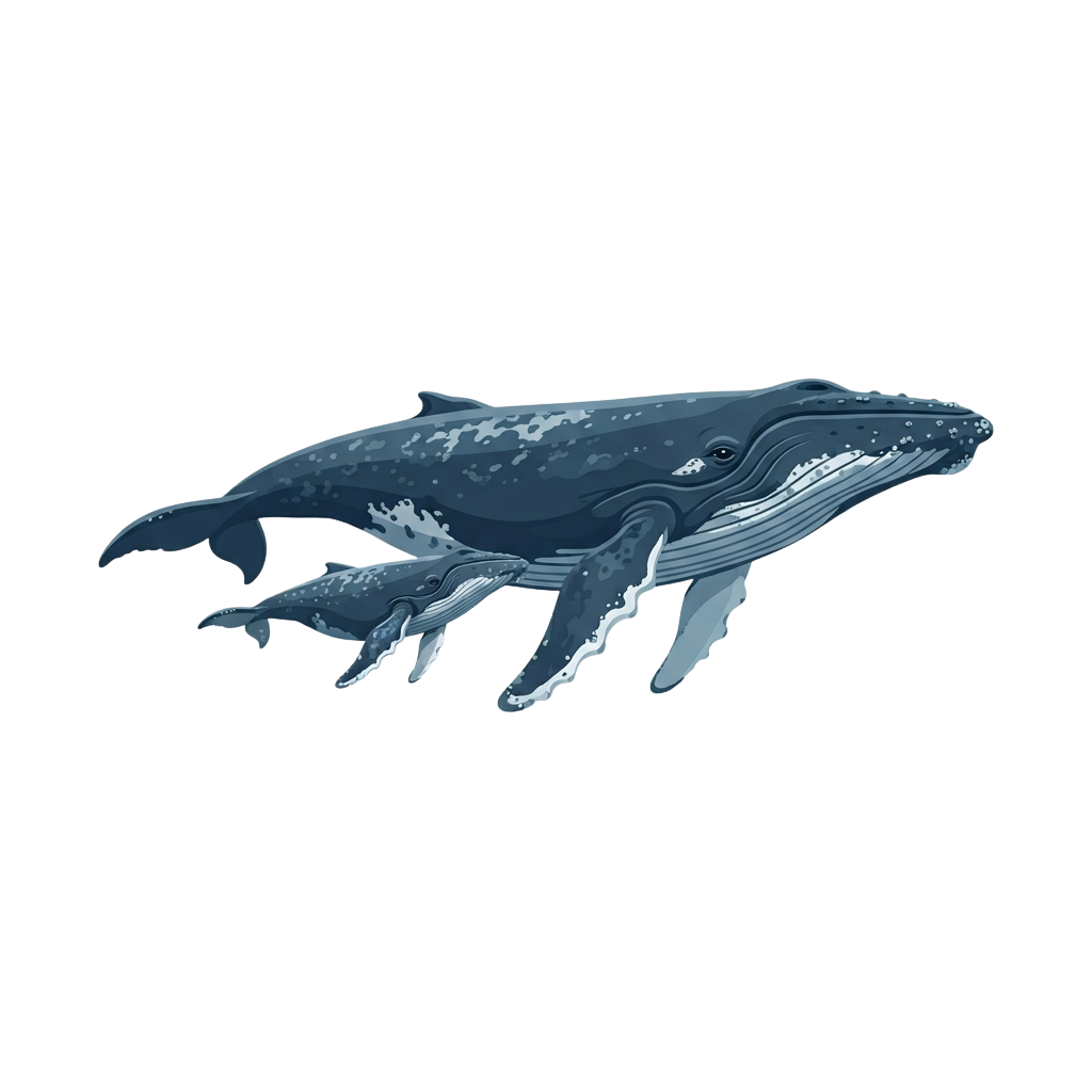 Illustration of a humpback whale and her calf swimming together in the ocean