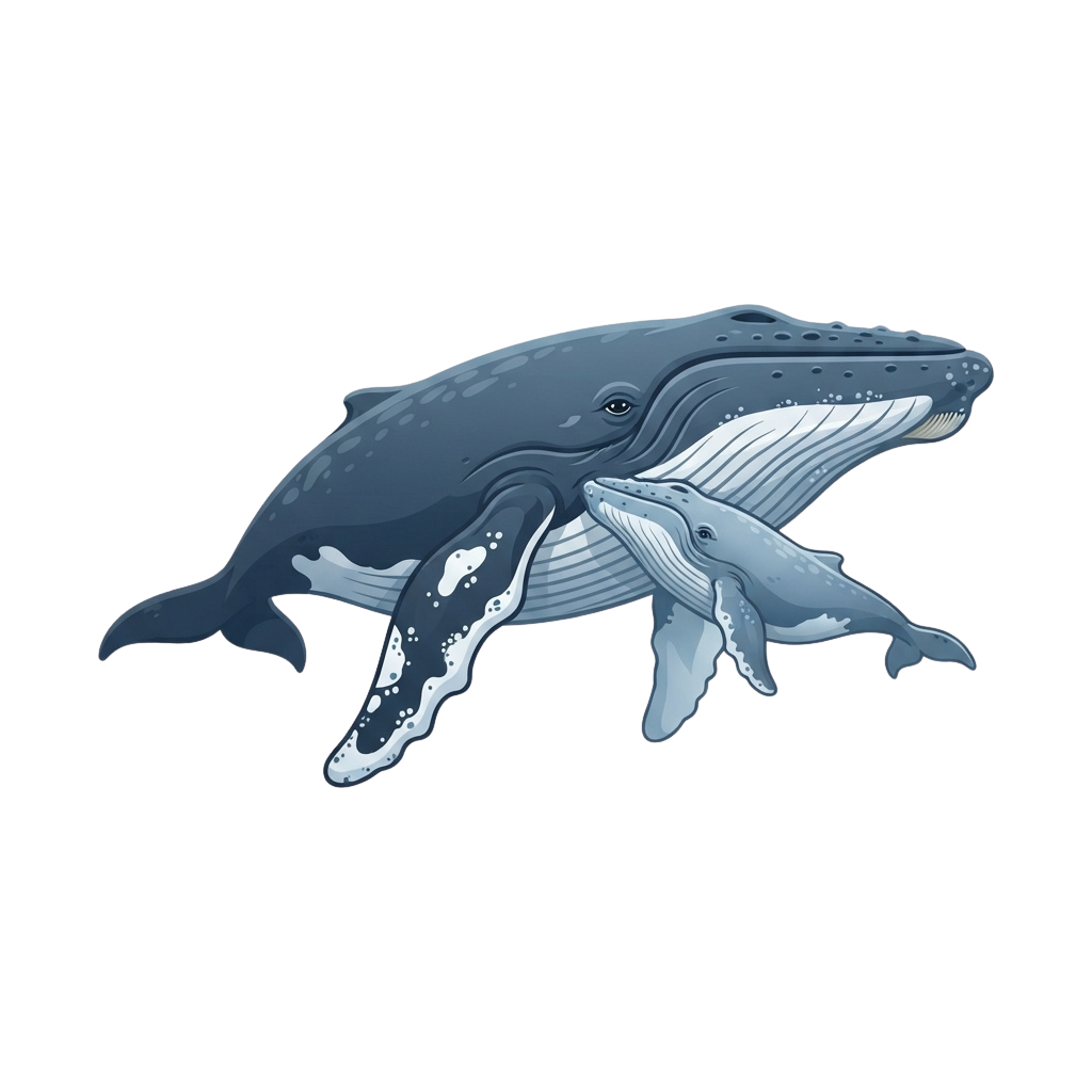 Illustration of a humpback whale and her calf swimming side by side in the ocean