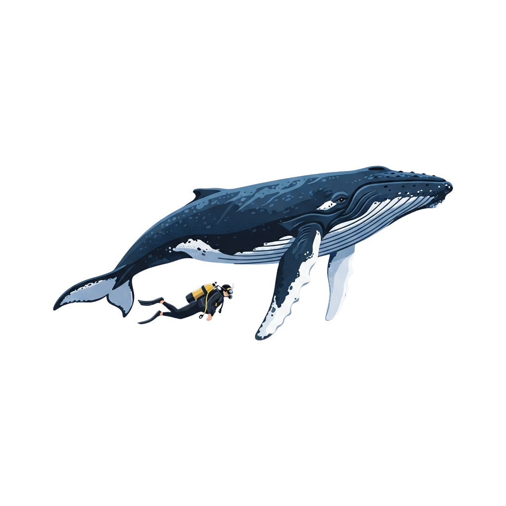 Scuba diver swimming close to a large humpback whale underwater