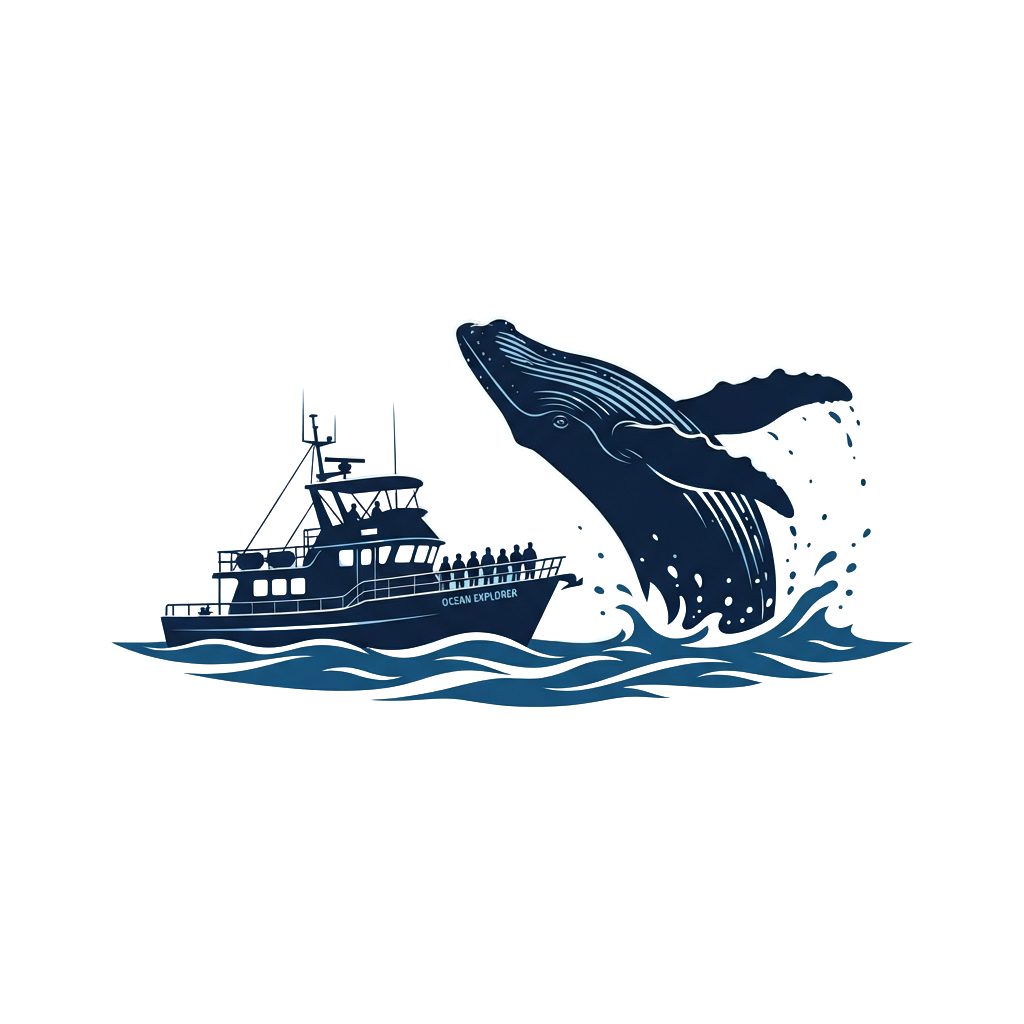 A whale breaching near a research vessel on wavy blue ocean water
