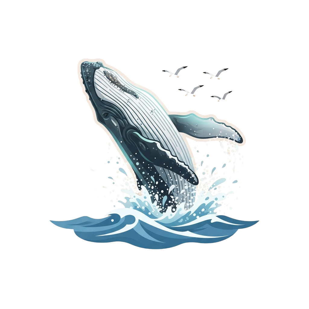 A whale breaching above ocean waves with splashing water and birds flying in the background