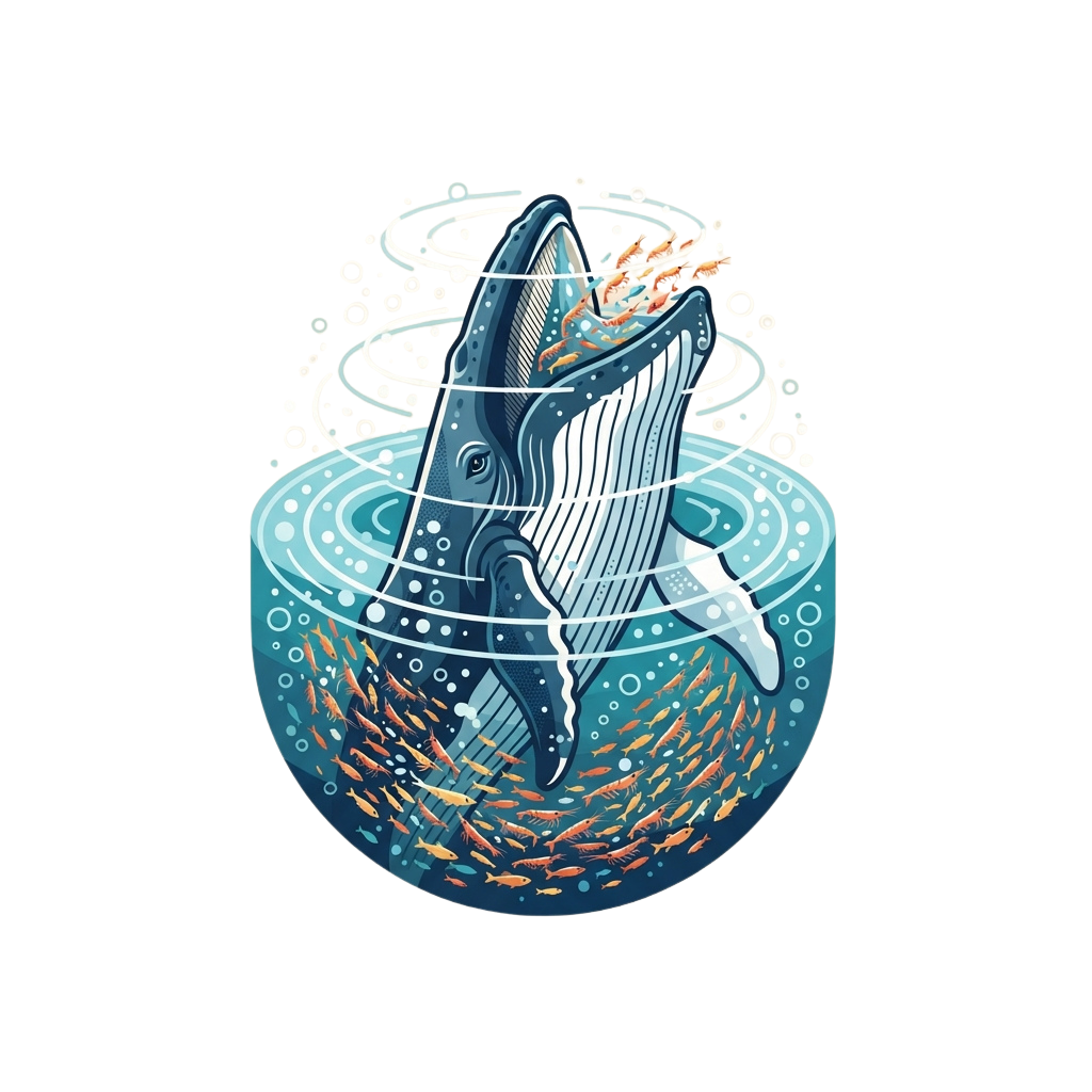 Illustration of a whale singing underwater surrounded by small fish and bubbles