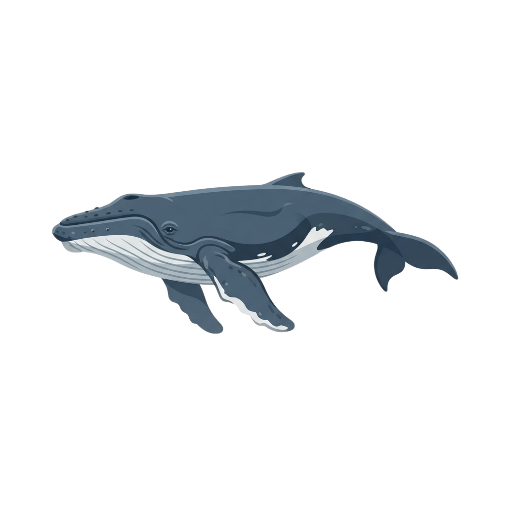 A stylized illustration of a humpback whale swimming in a side view.