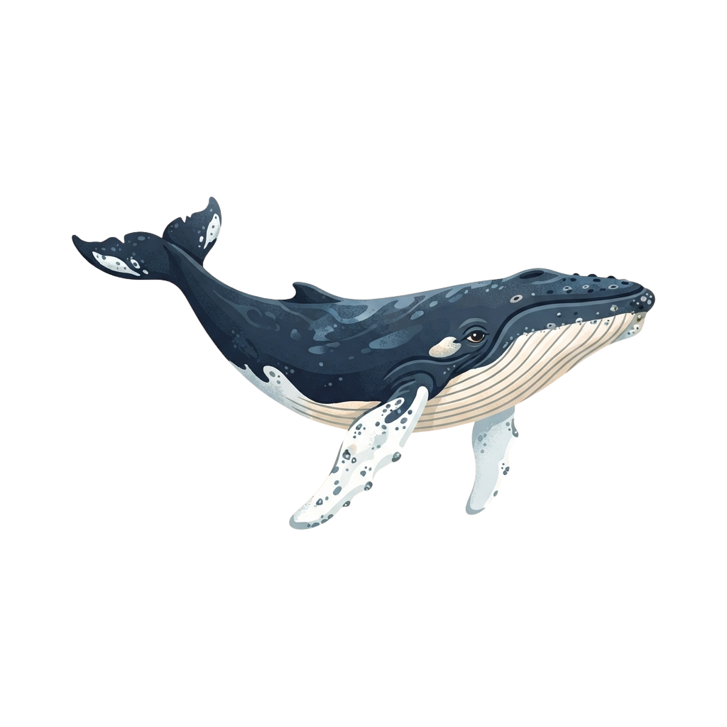A stylized illustration of a humpback whale swimming with its tail and fins visible.