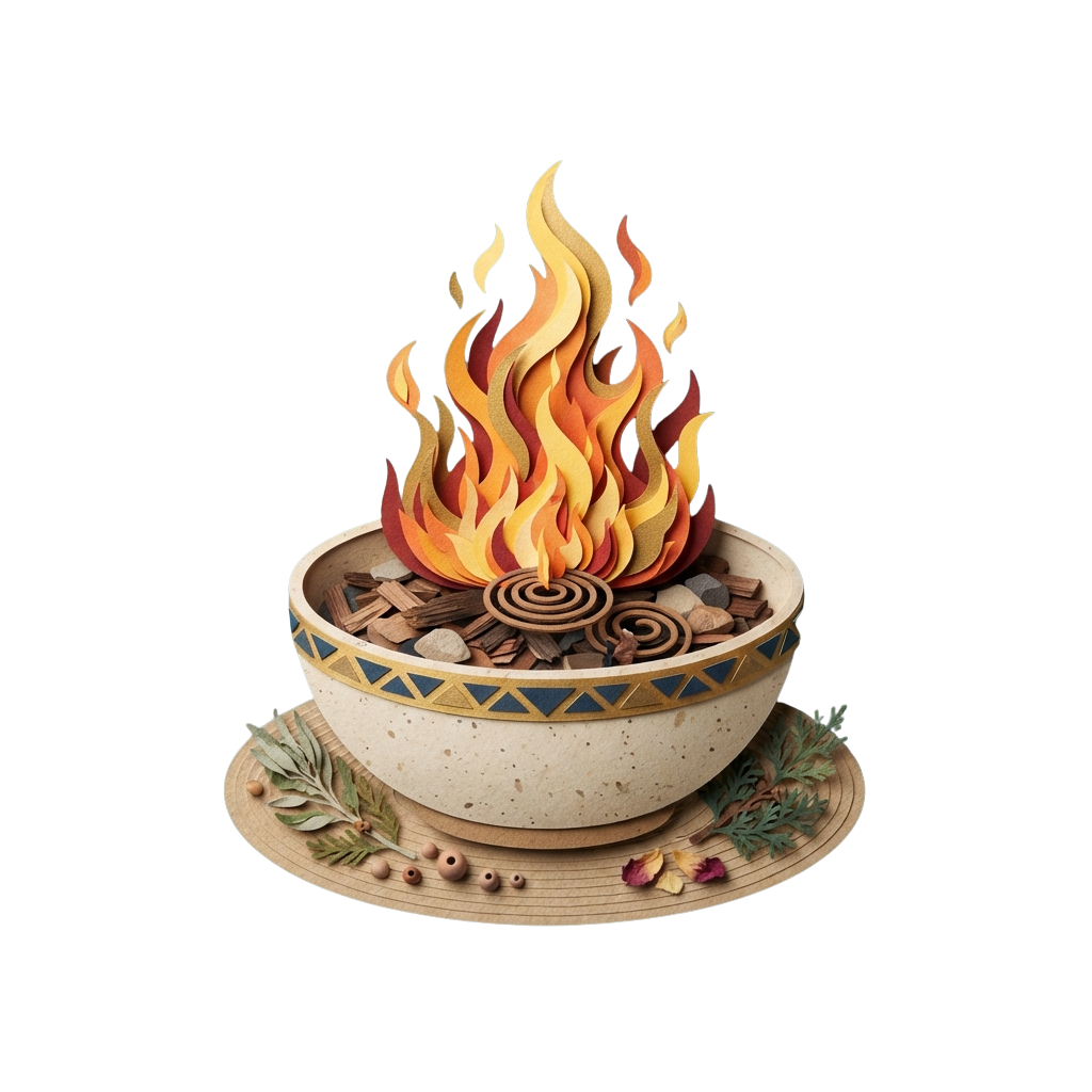 A ceramic fire bowl with burning incense sticks and flames, surrounded by pine branches and berries on a wooden base