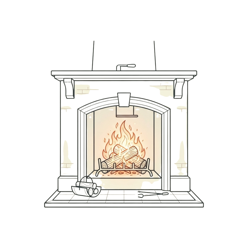 Illustration of a stylish outdoor fireplace with burning logs inside a glass enclosure and decorative mantel