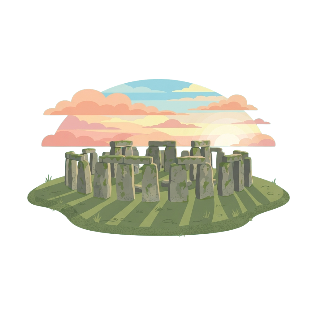 Illustration of Stonehenge stone circle under a colorful sunset sky with green grass and clouds