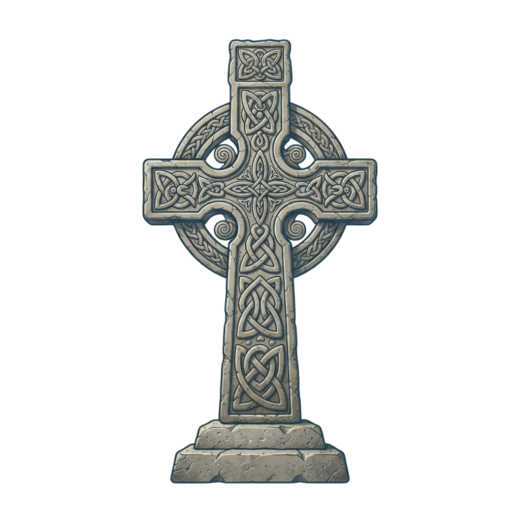 A detailed stone Celtic cross with elaborate knotwork patterns and a square base.