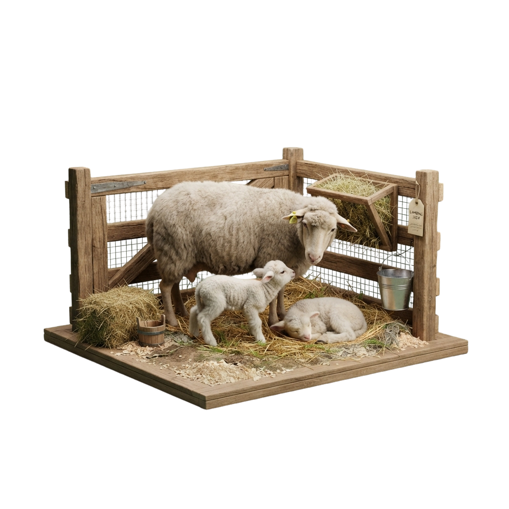 A detailed miniature model of a sheep with two lambs in a wooden pen with hay and feeding containers