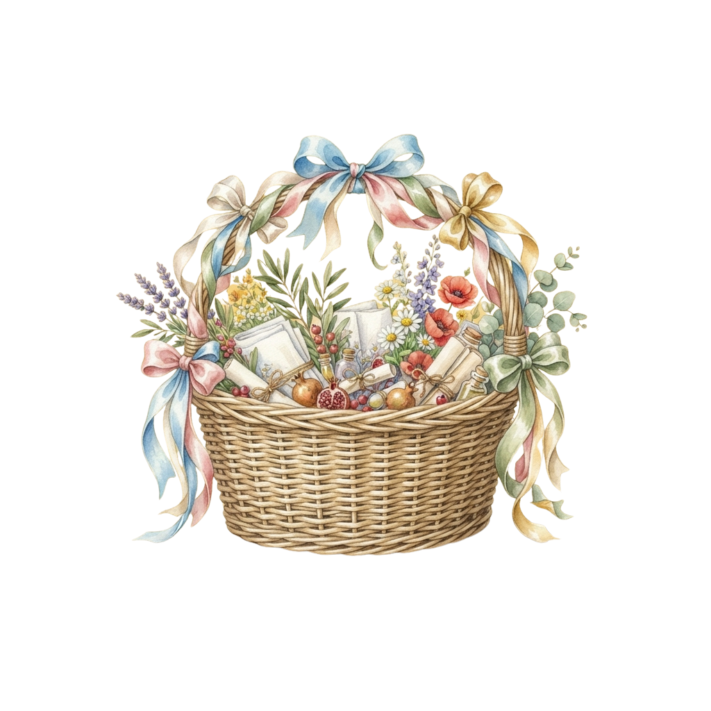 A woven gift basket filled with fruits, chocolates, and small gifts, adorned with flowers and colorful ribbons.