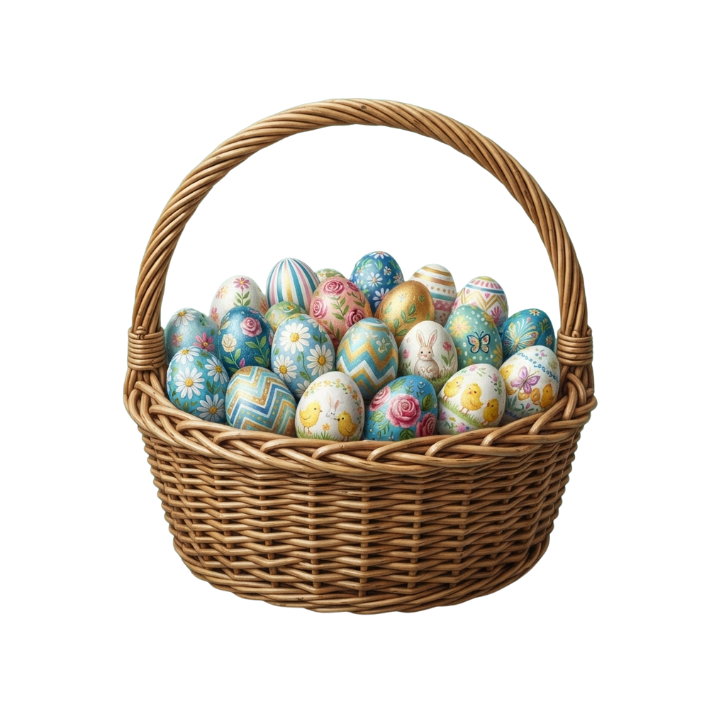 A wicker basket filled with colorful, intricately decorated Easter eggs