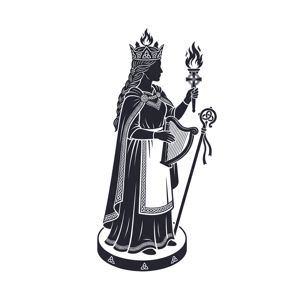 A stylized statue of a crowned figure holding a flaming torch and scepter, standing on a pedestal.