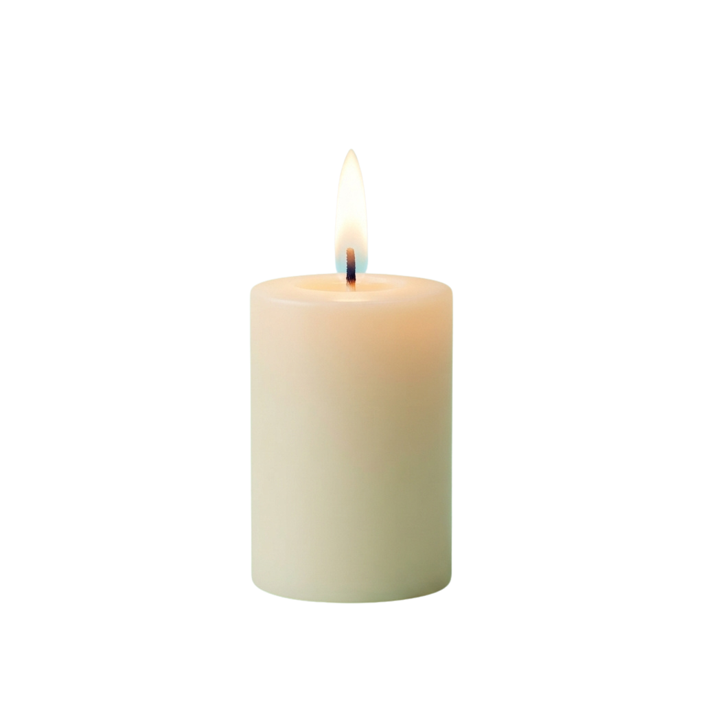 A single white candle with a lit wick against a black background