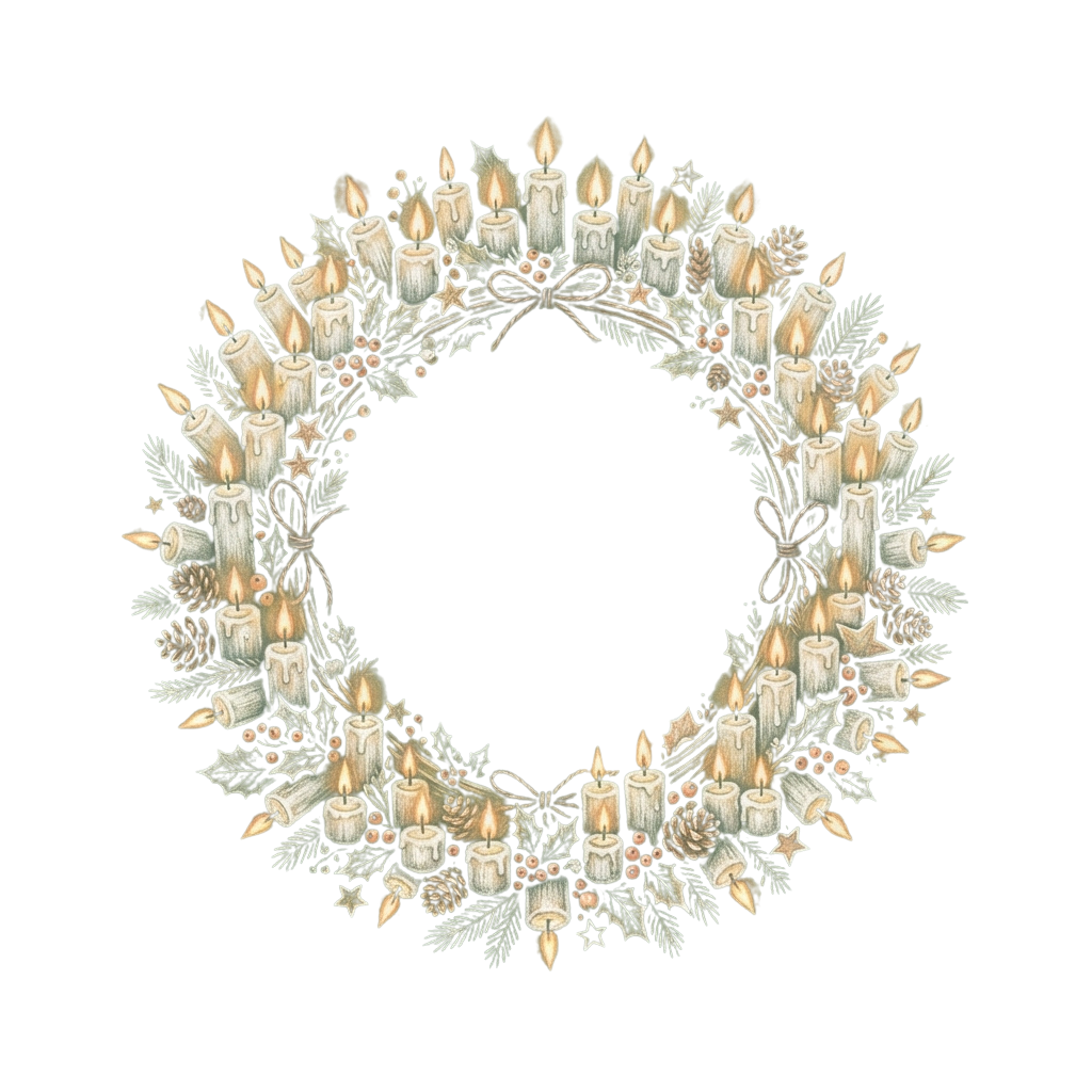 A circular wreath made of lit candles surrounded by pine branches and decorative elements