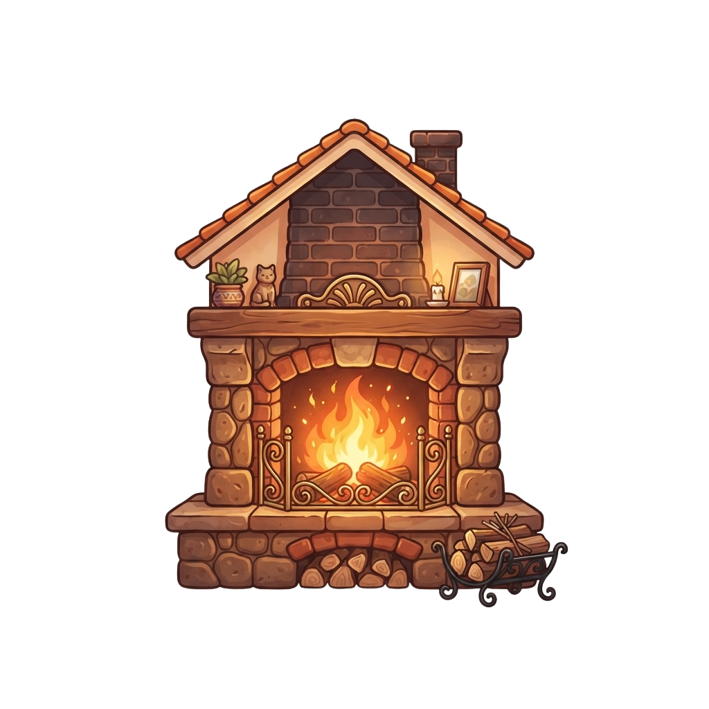 Illustration of a stone fireplace with a roaring fire, a cat sitting on the mantel, and decorative items around it